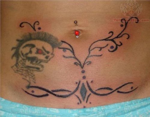 Belly Button Piercing And Skull Tattoo